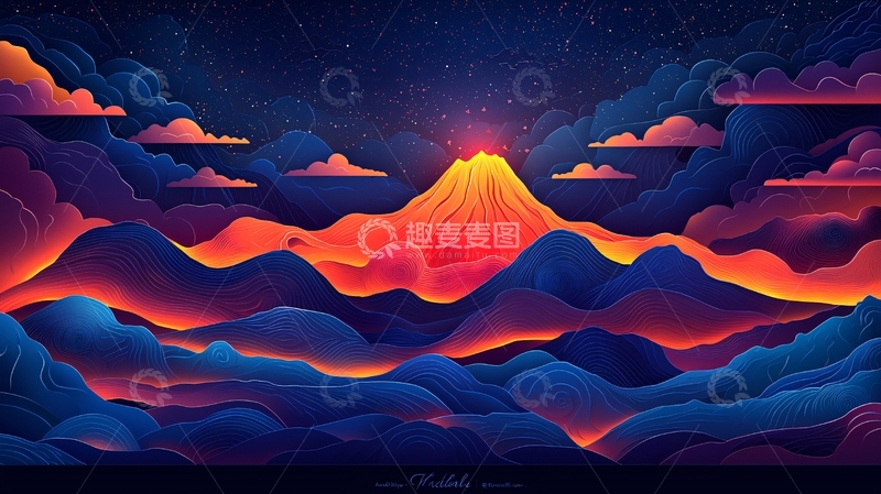 高清大图下载【趣麦麦图】夜空中火山喷发