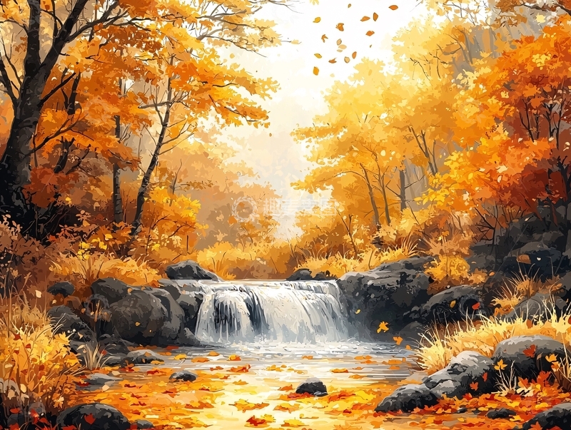 高清大图下载【趣麦麦图】秋日金色瀑布风景