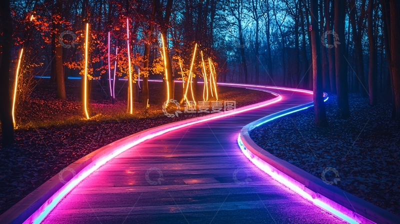 高清大图下载【趣麦麦图】发光小路穿梭于森林中