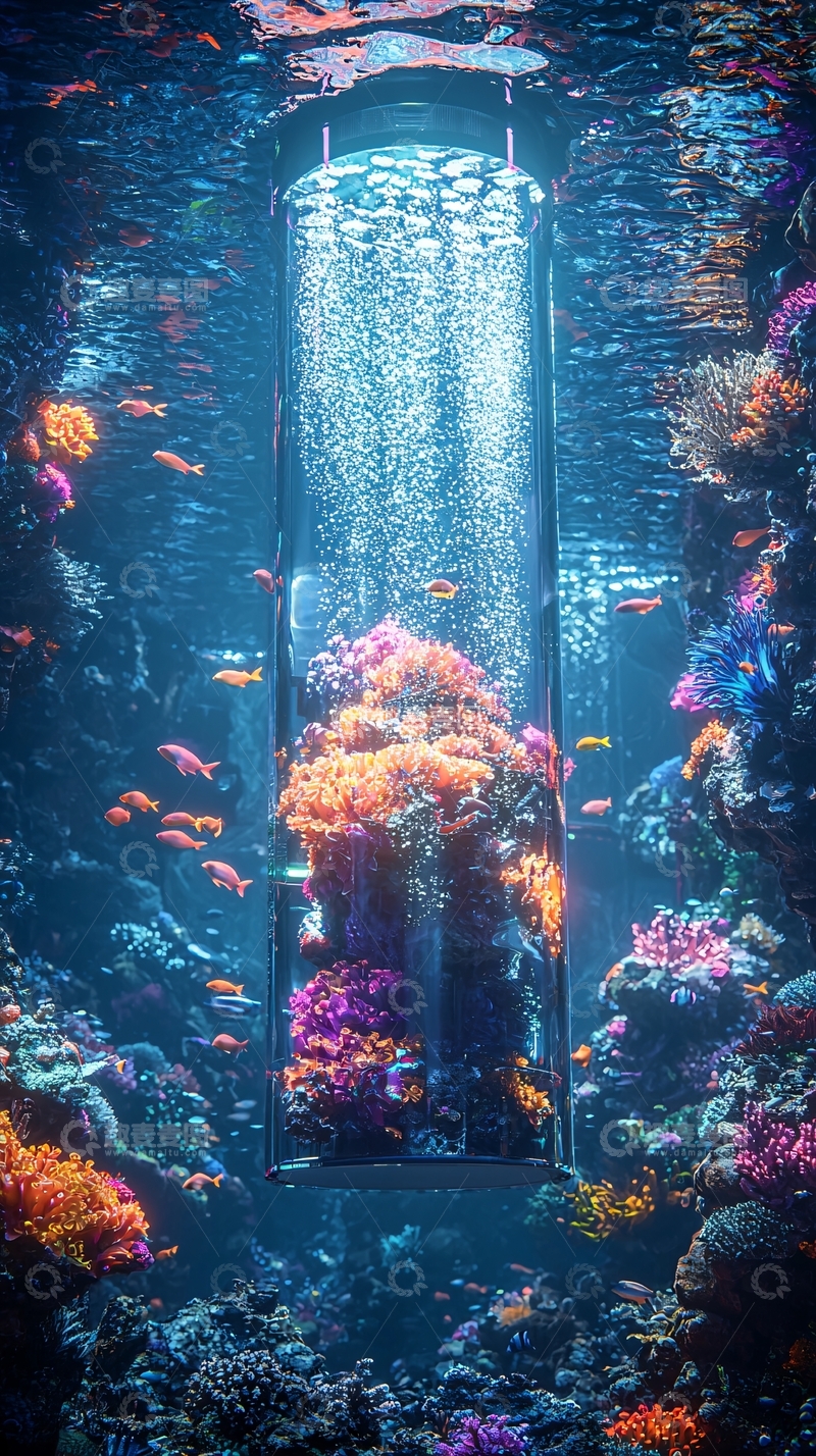高清大图下载【趣麦麦图】水族箱中气泡升腾的珊瑚缸