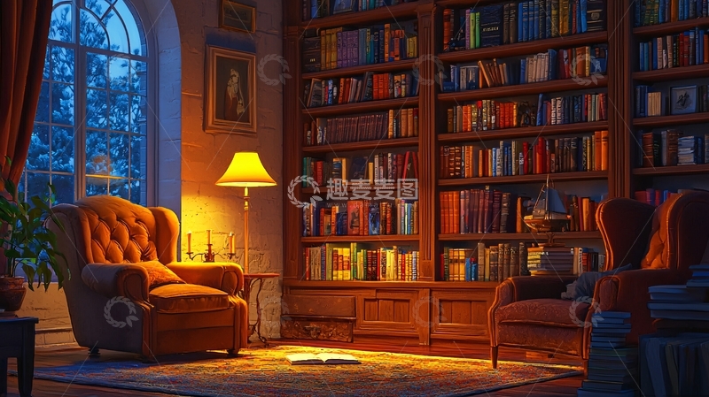高清大图下载【趣麦麦图】温馨书房夜晚阅读