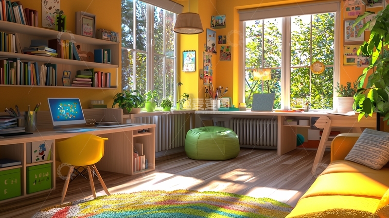 高清大图下载【趣麦麦图】阳光明媚的温馨书房