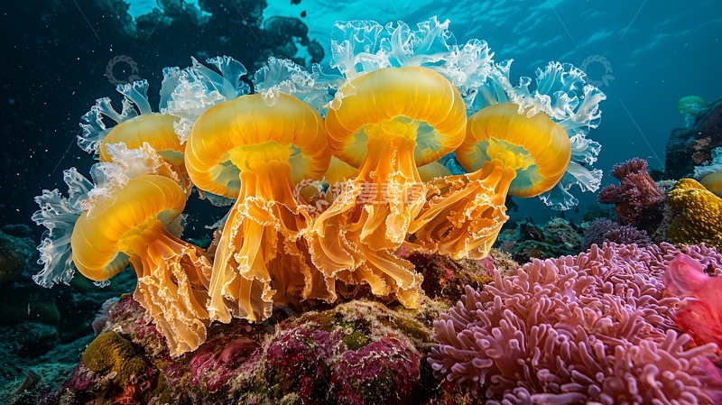 高清大图下载【趣麦麦图】一群黄色水母在珊瑚礁上