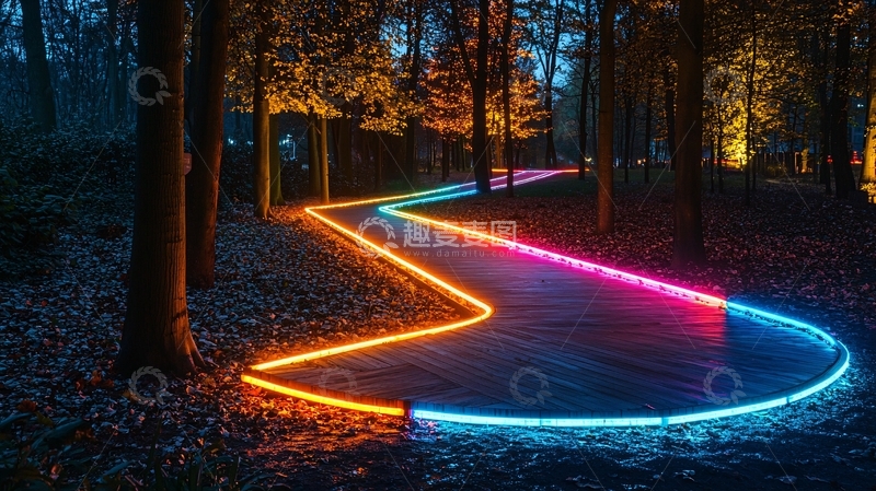 高清大图下载【趣麦麦图】森林夜景彩色灯光小路