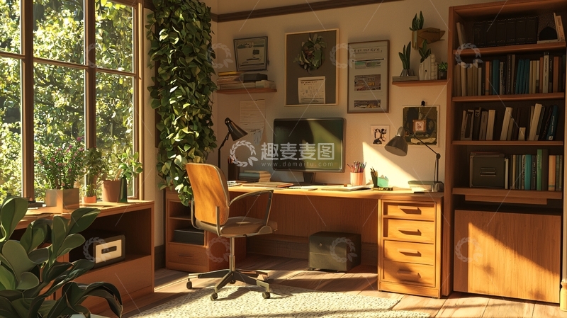 高清大图下载【趣麦麦图】阳光洒进书房的办公桌