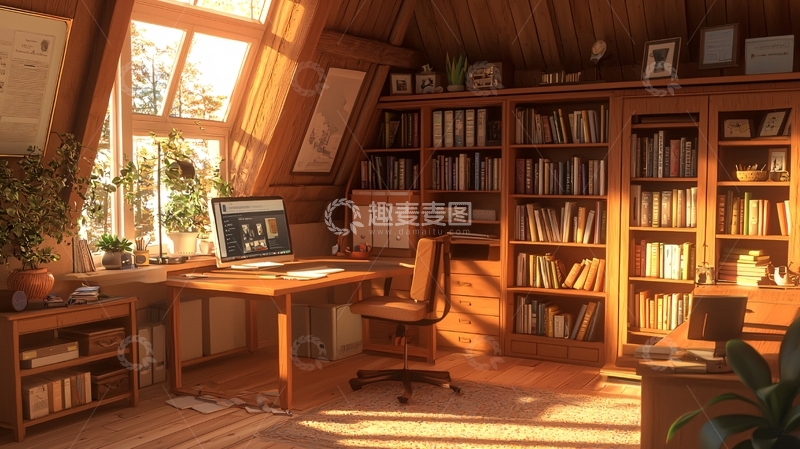 高清大图下载【趣麦麦图】阳光洒进木屋书房