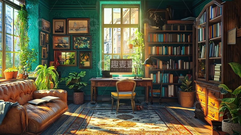 高清大图下载【趣麦麦图】阳光洒落的复古书房