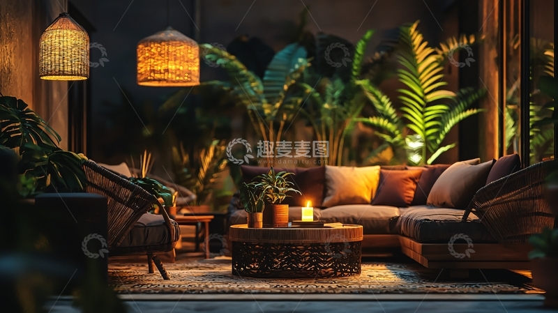 高清大图下载【趣麦麦图】夜晚庭院休闲区