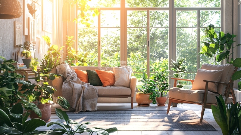 高清大图下载【趣麦麦图】阳光洒满房间的绿植客厅