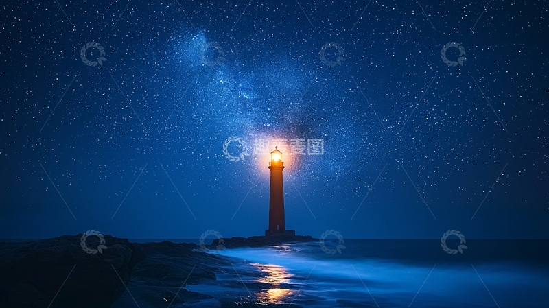 高清大图下载【趣麦麦图】夜空下灯塔闪耀星光