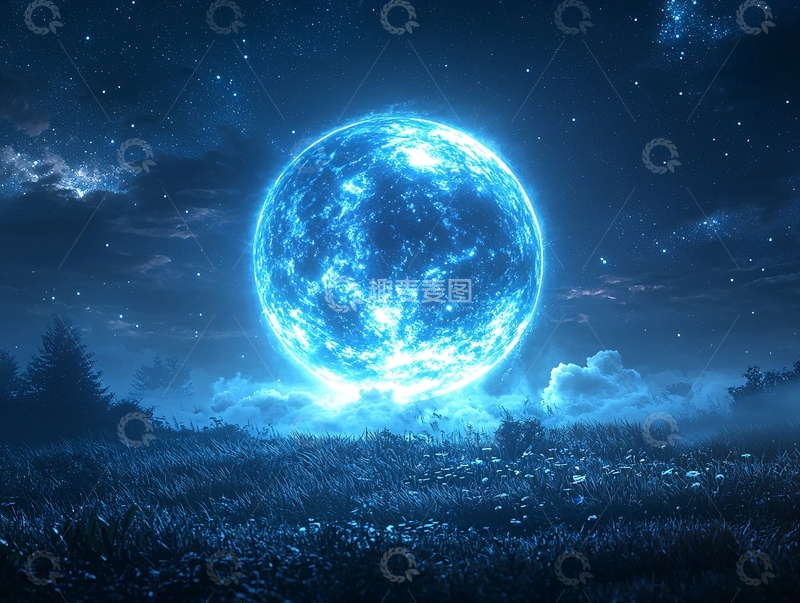 高清大图下载【趣麦麦图】蓝色星球夜空草地
