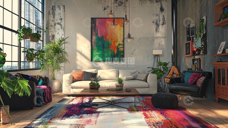 高清大图下载【趣麦麦图】阳光洒进落地窗的现代客厅