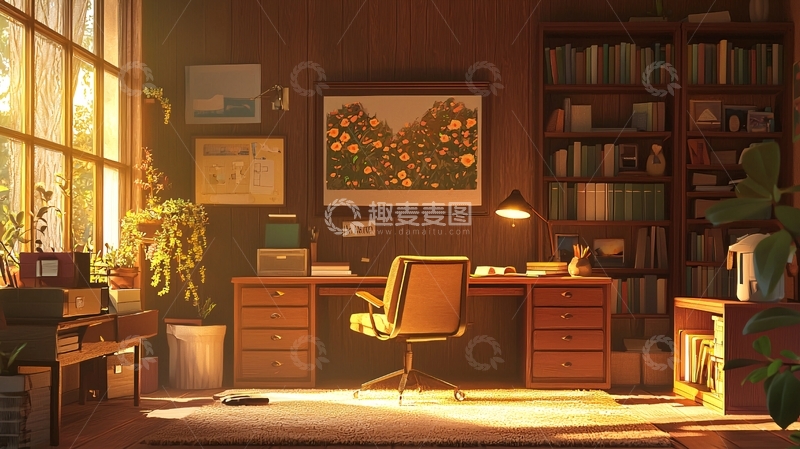 高清大图下载【趣麦麦图】温暖阳光洒进书房
