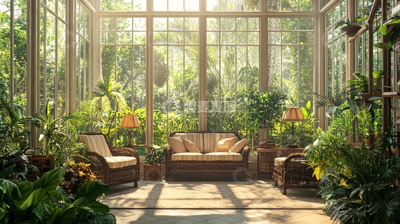 高清大图下载【趣麦麦图】阳光洒满室内花园