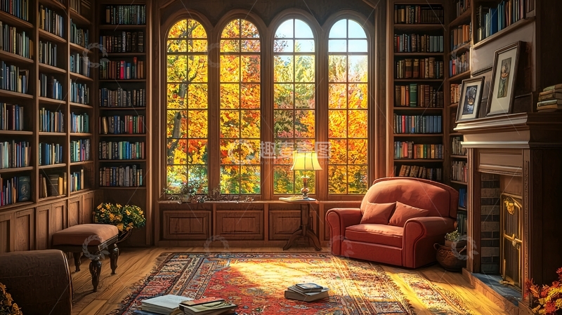 高清大图下载【趣麦麦图】秋日午后图书馆阅读角