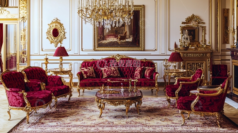 高清大图下载【趣麦麦图】奢华红绒欧式客厅家具套装