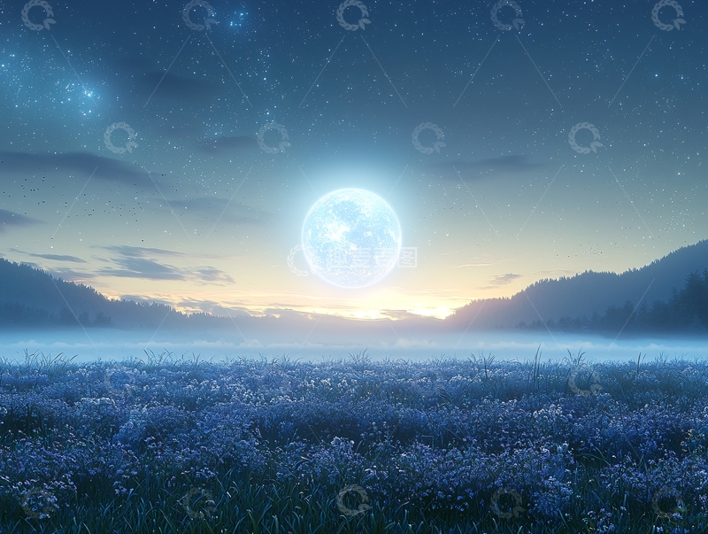 高清大图下载【趣麦麦图】夜晚田野月亮星空唯美背景
