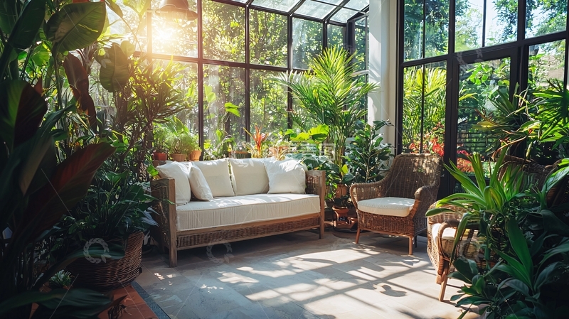 高清大图下载【趣麦麦图】阳光洒满玻璃房里的绿植