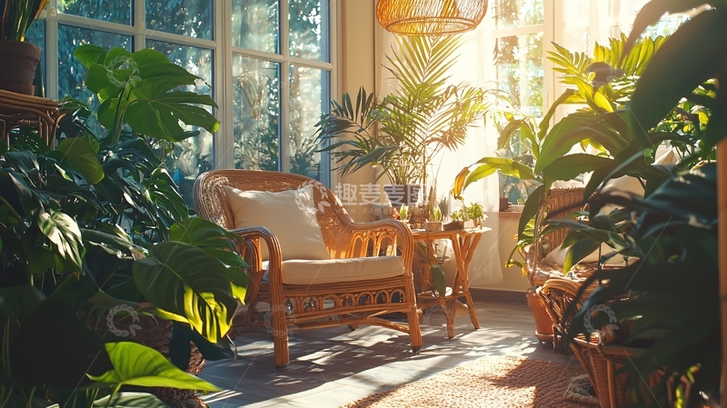 高清大图下载【趣麦麦图】阳光洒满绿植环绕的休闲角落