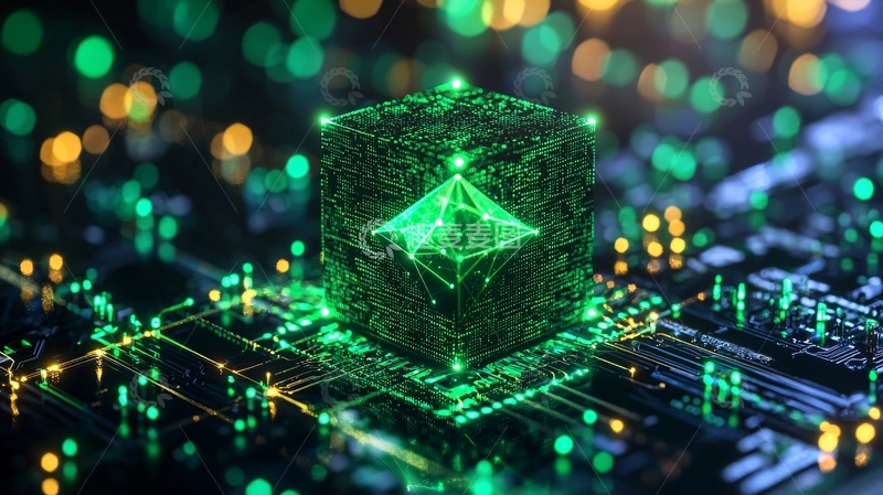 高清大图下载【趣麦麦图】科技感电路板上的绿色立方体