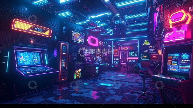 高清大图下载【趣麦麦图】霓虹灯下的复古游戏厅