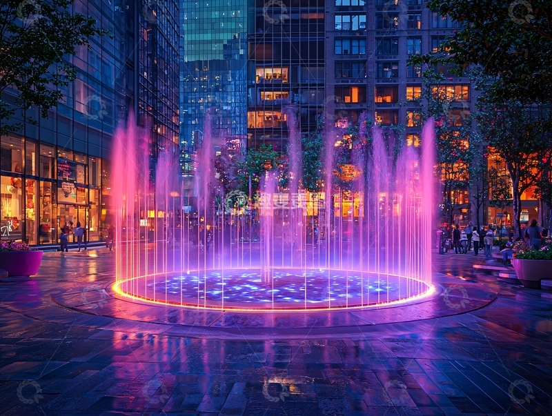 高清大图下载【趣麦麦图】城市夜晚的彩色喷泉