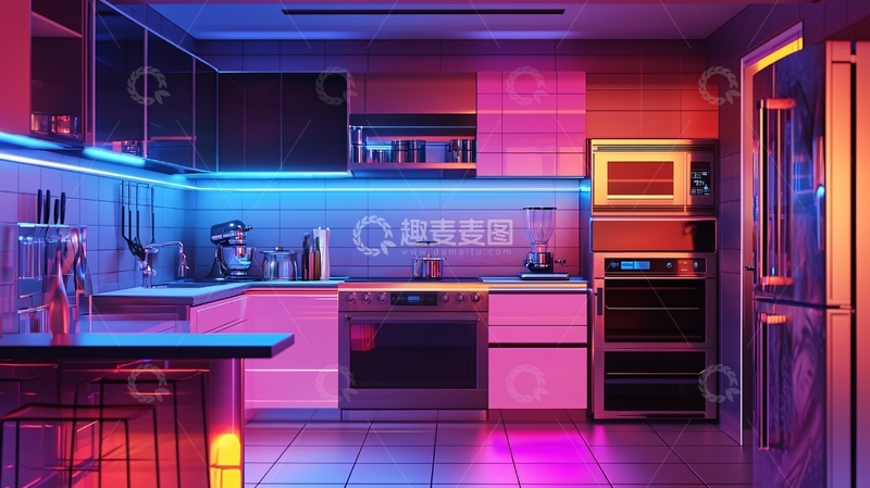 高清大图下载【趣麦麦图】炫彩霓虹灯厨房