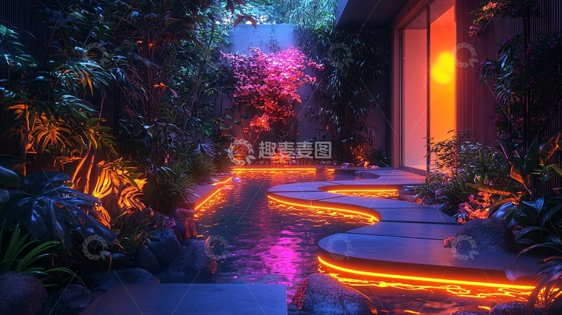 高清大图下载【趣麦麦图】夜间花园小径与灯光