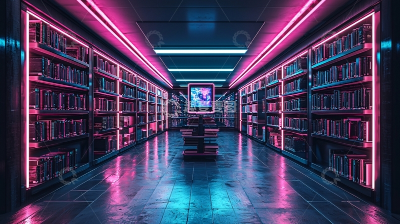 高清大图下载【趣麦麦图】霓虹灯书架未来图书馆