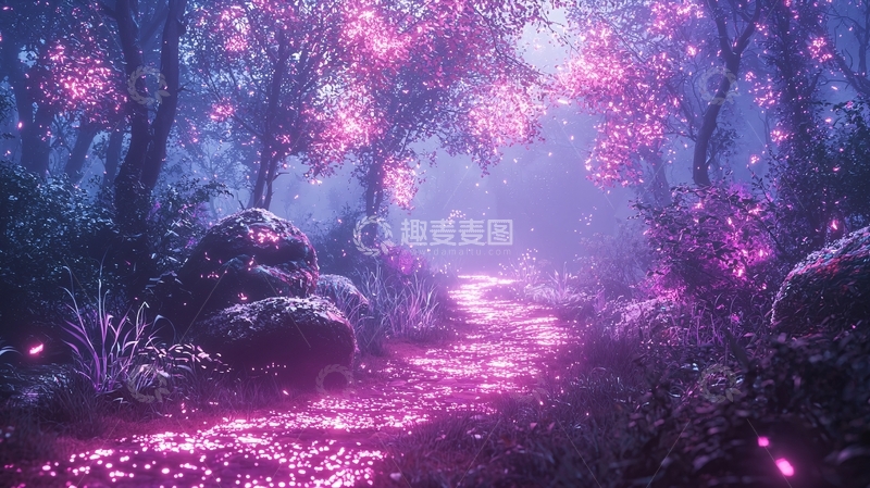 高清大图下载【趣麦麦图】粉色光芒森林小路