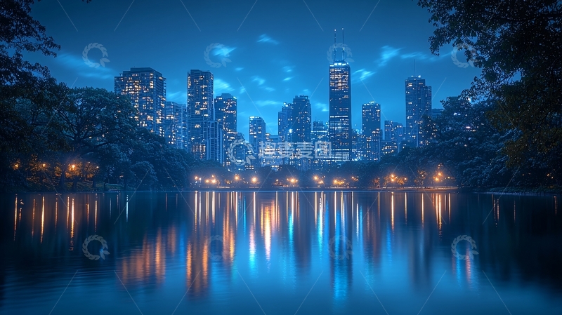高清大图下载【趣麦麦图】夜间城市倒影在湖面