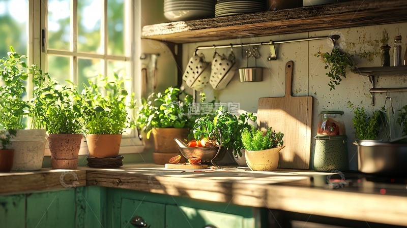高清大图下载【趣麦麦图】阳光洒进厨房的绿植
