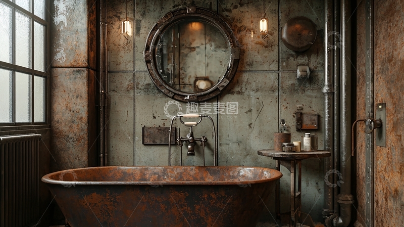高清大图下载【趣麦麦图】复古工业风铜质浴缸