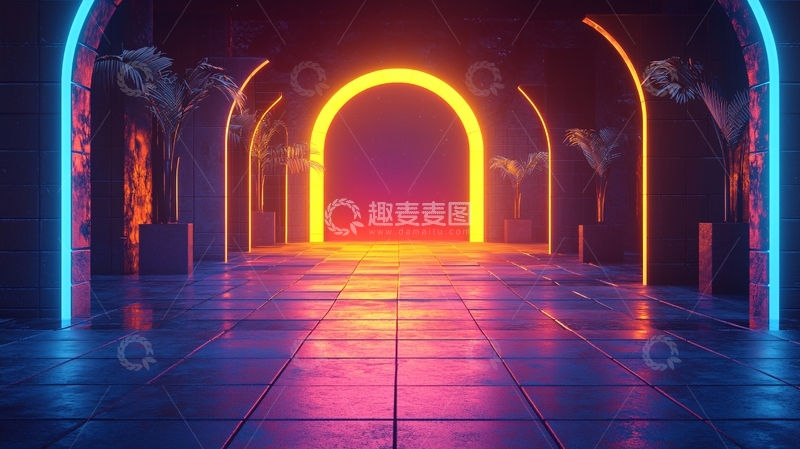 高清大图下载【趣麦麦图】霓虹灯拱门未来空间