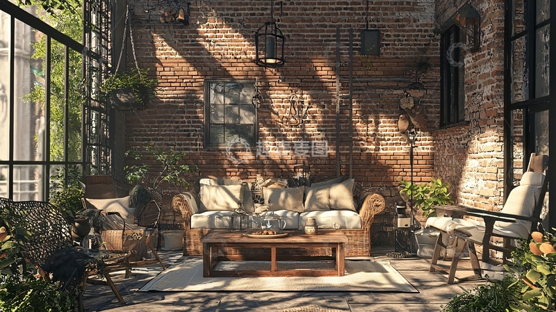 高清大图下载【趣麦麦图】阳光洒满砖墙庭院