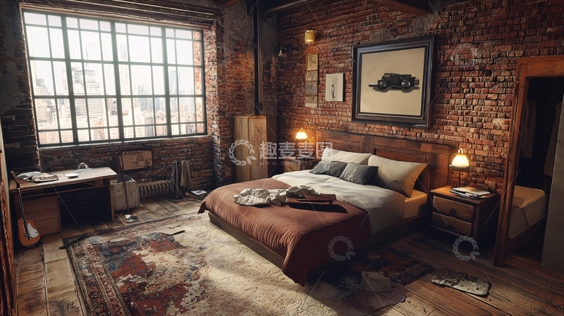 高清大图下载【趣麦麦图】红砖墙loft风格卧室