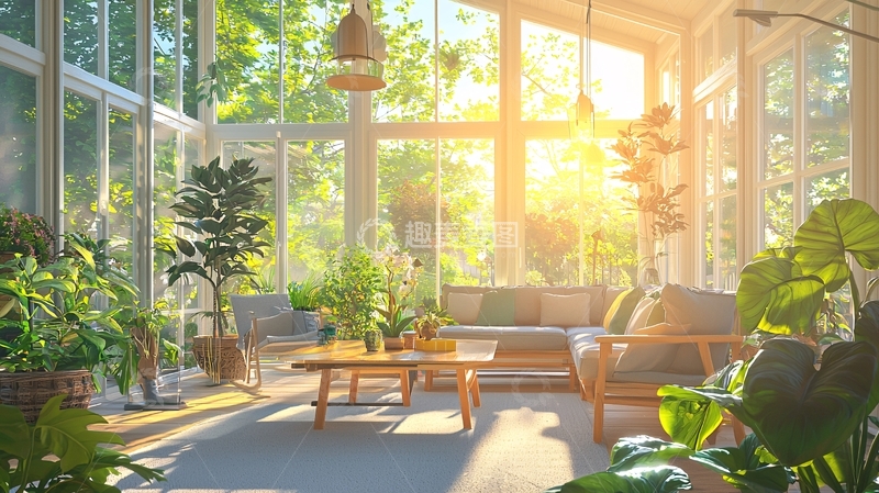 高清大图下载【趣麦麦图】阳光洒满室内花园