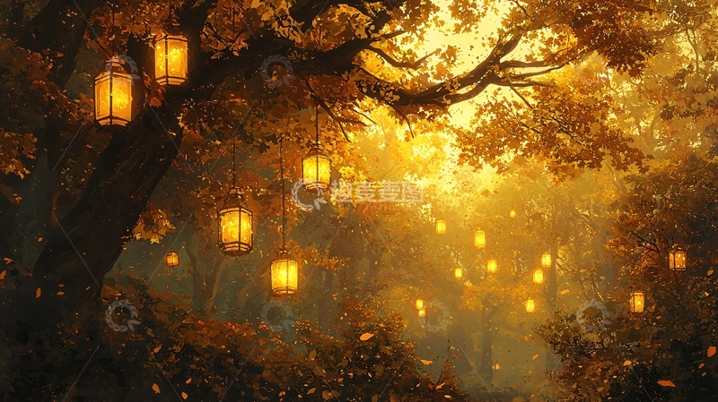 高清大图下载【趣麦麦图】秋夜森林灯笼光晕