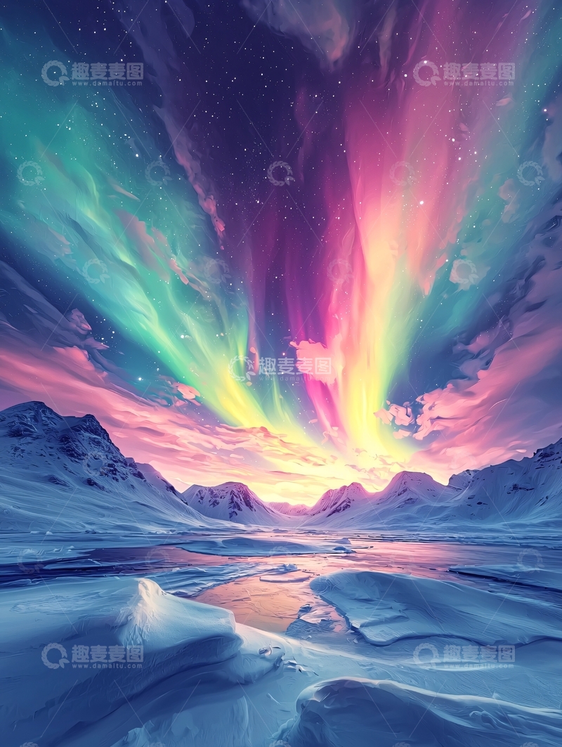 高清大图下载【趣麦麦图】极光下的冰雪山川