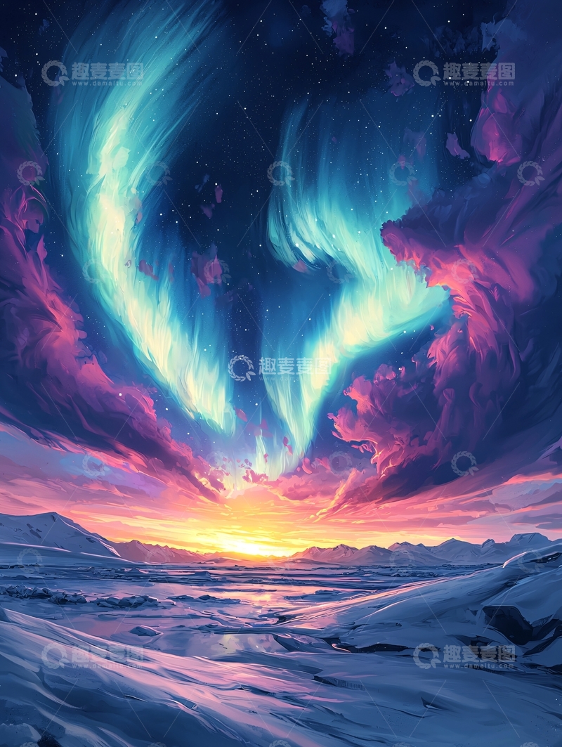 高清大图下载【趣麦麦图】极光下的冰雪世界
