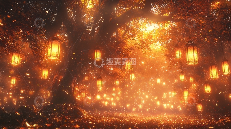 高清大图下载【趣麦麦图】灯笼照亮秋夜的森林