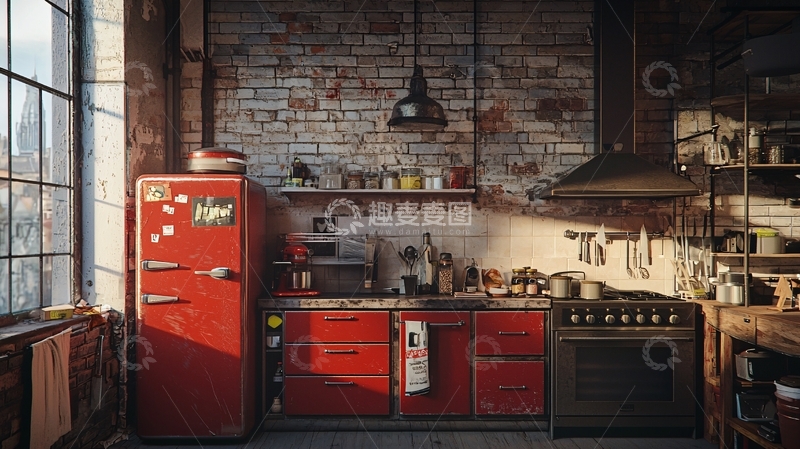 高清大图下载【趣麦麦图】复古红冰箱老式厨房