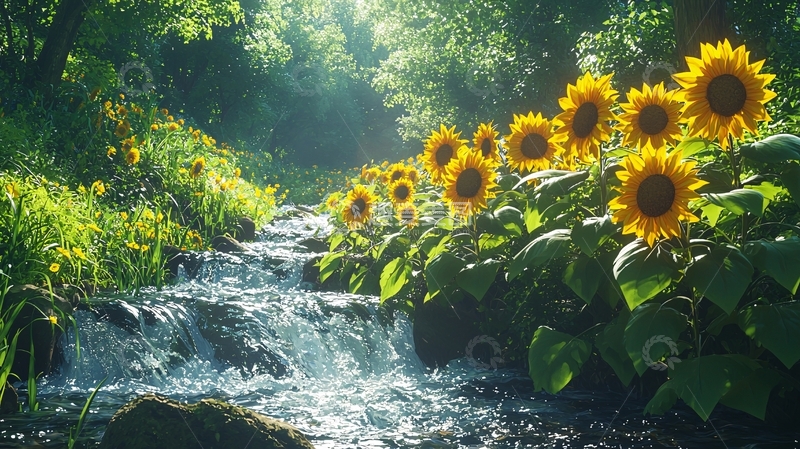高清大图下载【趣麦麦图】阳光下向日葵小溪