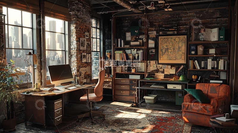 高清大图下载【趣麦麦图】复古工业风书房5