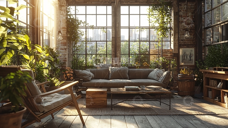 高清大图下载【趣麦麦图】阳光洒进落地窗的工业风客厅
