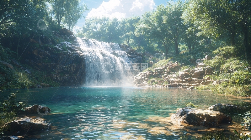 高清大图下载【趣麦麦图】瀑布下的清澈水潭