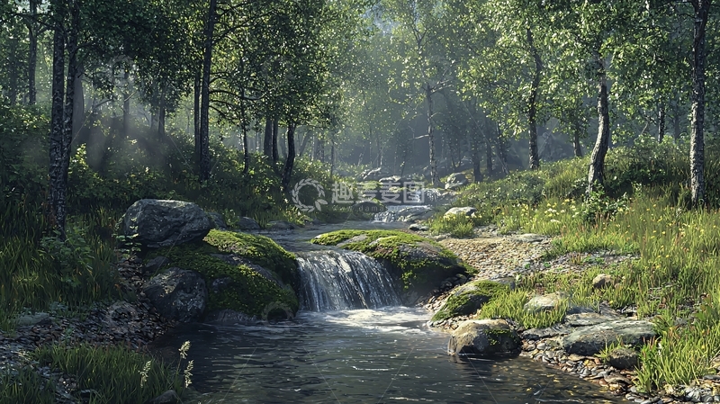 高清大图下载【趣麦麦图】郁郁葱葱的森林小溪流水