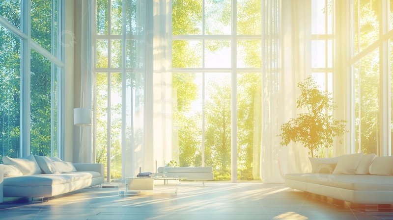 高清大图下载【趣麦麦图】阳光洒满落地窗的明亮客厅