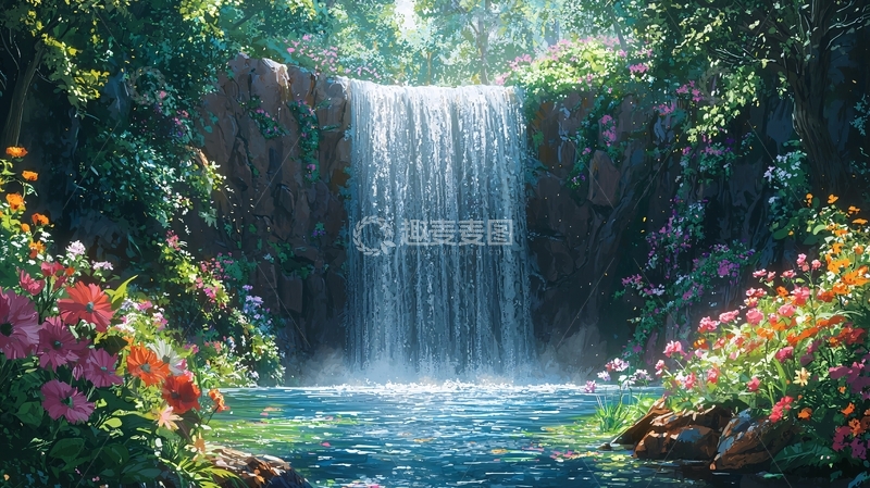 高清大图下载【趣麦麦图】宁静森林瀑布鲜花
