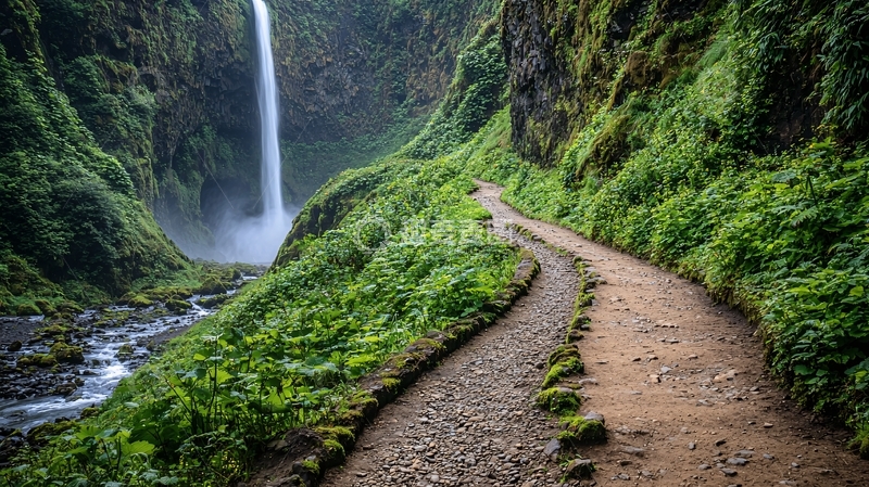 高清大图下载【趣麦麦图】瀑布旁绿意盎然的小路